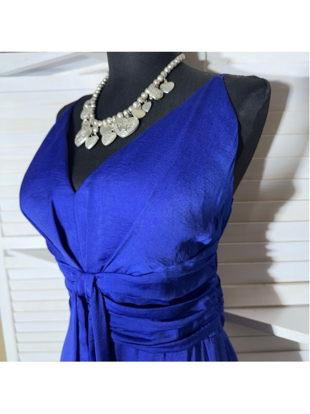 Minuet royal blue cocktail maxi dress fit flare ruched waist low sexy back sz L - Picture 6 of 14
